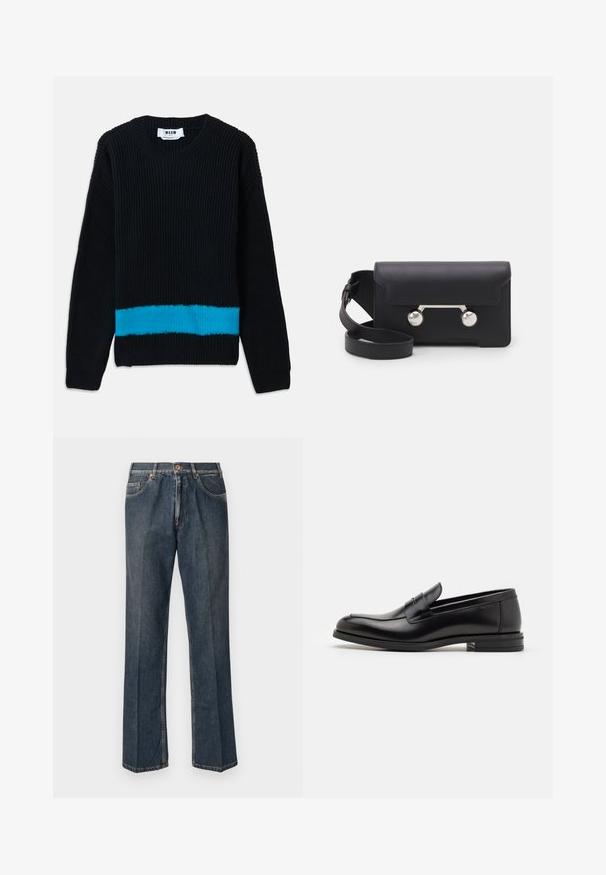 Czarny sweter z dzianiny o prążkowanej fakturze, z poziomym turkusowym paskiem na dole. Klasyczny okrągły dekolt i długie rękawy.; Ciemnoniebieskie dżinsy prostego kroju z przodu na guzik, z suwakiem, podwójnymi kieszeniami z przodu oraz widocznymi pionowymi zmarszczeniami na nogawkach.; Czarne skórzane mokasyny o gładkiej fakturze, zaokrąglonym nosku i dekoracyjnym pasku na przodzie. Niski, warstwowy obcas, minimalistyczny design.; Czarna skórzana torba na ramię z klapką, z metalowymi elementami w srebrnym kolorze i dwoma okrągłymi akcentami. Posiada odczepiany pasek. Gładka faktura.
