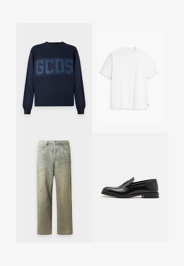 Jūras zila kokvilnas krekls ar garām piedurknēm, ar izteiksmīgu "GCDS" logo spīdīgā apdarē uz krūtīm tumšākā kontrastējošā nokrāsā.; Balts kokvilnas T-krekls ar īsām piedurknēm un apaļu kakla izgriezumu, priekšpusē redzama smalka gaišas krāsas "Levi's" logo.; Izsistās džinsās gaisā zaļā krāsā, ar taisnu kāju, piecu kabatu dizainu un nevienmērīgu izbalēšanu, kā arī krāsas šļakatas.; Melnas ādas kurpes ar gludu tekstūru, noapaļu purngalu un dekoratīvu siksniņu pāri priekšpusei. Zems sakrauts papēdis, minimālisma dizains.