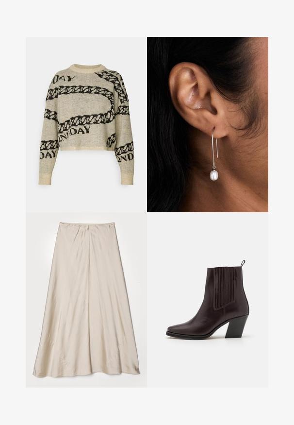 Pulover tricotat în bej cu modele de lanț negru și text. Are un design scurt, guler rotund și manșete cu nervuri. Textură moale.; Fustă bej din satin cu o siluetă evazată. Prezintă un talie plisată și un luciu subtil, cu cusături unghiulare și o cădere elegantă.; Cizmă de gleznă din piele maro închis, cu vârful ascuțit, detalii verticale cu caneluri pe lateral și un toc de înălțime medie, de tip block.; Cercei din argint cu un design elegant, având un suport vertical care se termină cu o singură perlă albă. Designul este simplu, cu o finisare netedă și lustruită.