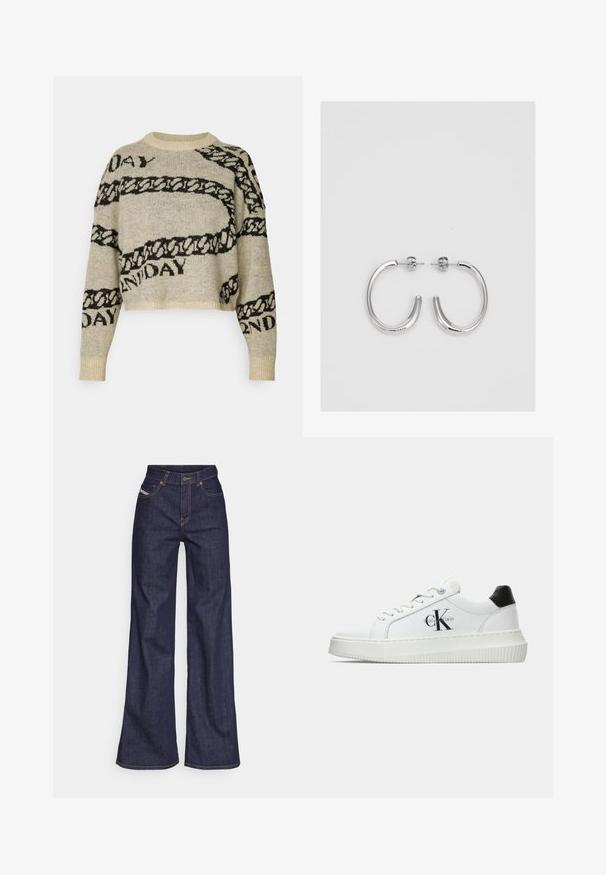 Pull en tricot beige avec motifs de chaîne noire et de texte. Présente un design court, un col rond et des poignets côtelés. Texture douce.; Jeans ample bleu foncé en denim avec taille haute, ornés de surpiqûres orange, d'un design à cinq poches et d'une fermeture à bouton.; Baskets basses blanches avec un tab de talon noir, semelle plateforme, lacets et logo "CK" de Calvin Klein sur le côté.; Boucles d'oreilles créoles en argent avec une surface lisse et brillante, présentant une forme incurvée et une fermeture à tige. Design minimaliste avec une finition moderne.