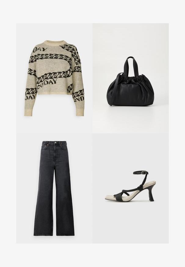 Strikkegenser i beige med svarte kjede- og tekstmønstre. Har en cropped design, rund hals og ribbestrikkede mansjetter. Myk tekstur.; Sorte denim bellbottom bukser med høy midje, med metallknapp-lukking, frontlommer og subtil falming på stoffet.; Sorte helårs sandaler med flettet stroppesdesign, firkantet tå og justerbar ankelrem. Lys beige fotseng med glanset svart hæl.; Svart lærveske med en samlet toppdesign, som har to korte håndtak og en lang justerbar stropp. Glatt tekstur, rund form.
