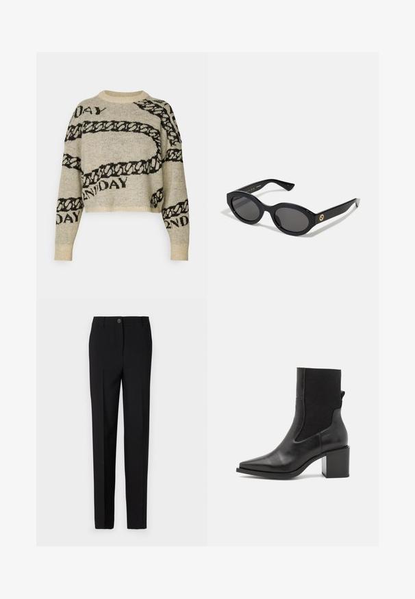 Beez värvi kootud kampsun, millel on mustad kett- ja tekstimustrid. Omab lühendatud disaini, ümmargust kaelust ja soonikkoes mansette. Pehme tekstuur.; Mustad kohandatud püksid sirge jalgade lõikega, varustatud nupuvajutuse ja vöökohaga, valmistatud siledast kangast.; Mustad mustaed jalats, millel on terav varvas, valmistatud siledast nahast ja elastsemast kangast. Omab plokknõela ja minimalistliku disaini.; Mustad mustad prillid tumedate läätsedega ja läikiva plastraamiga. Omab kuldset logo põlveosal, pakkudes stiilset ja kaasaegset disaini.; Sinine mustriga kangast käekott, millel on kootud disain, must nahkrist ja logo heledamas toonis.