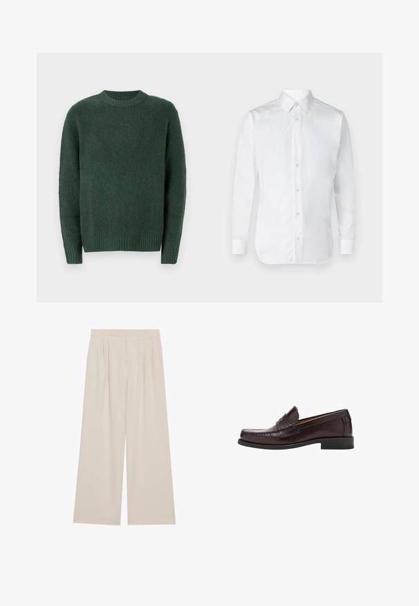 Tumma vihreä neulepusero, jossa on pyöreä kaula-aukko. Sisältää ribbireunat hihansuissa ja helmassa, tekstuurisen kuvion kauttaaltaan sekä pitkät hihat.; Valkoinen napapaidan paita pitkillä hihoilla, joka on valmistettu sileästä puuvillakankaasta. Klassinen kaulus ja hienovarainen kiilto. Viisi nappia edessä.; beige levelevi treggingsit, me pjesë të sheshta përpara, harkime dhe brez elastiç. E bërë nga një pëlhurë të lehtë me një teksturë të lëmuar.; Ruske nahkasaapad ümarate varvastega, esiküljel dekoratiivne tikand ja lapik kummitald toetuse ja vastupidavuse tagamiseks.