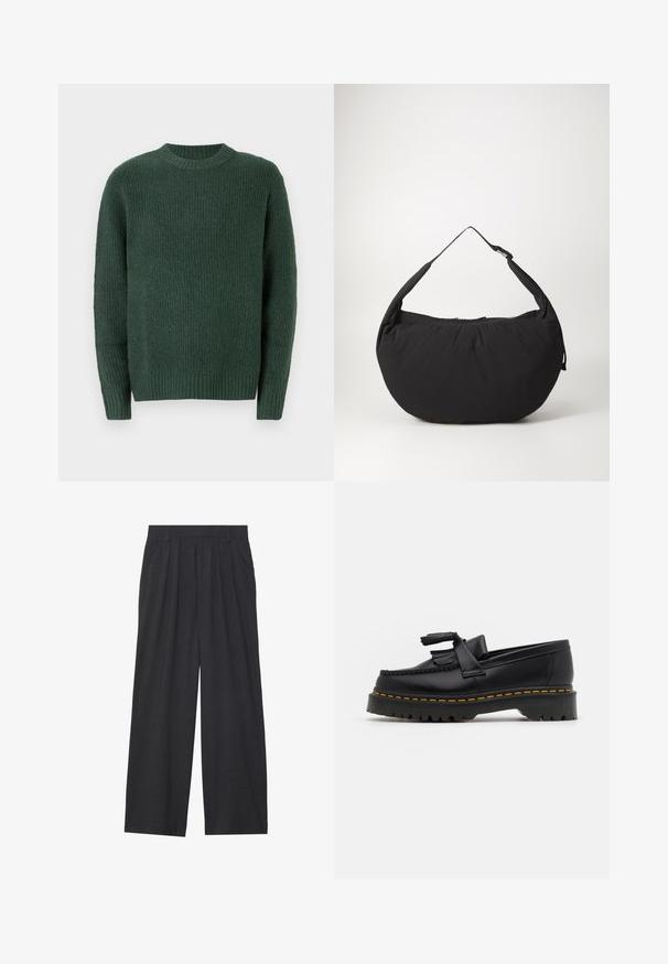 Dunkelgrüner Strickpullover mit Rundhalsausschnitt. Verfügt über gerippte Bündchen und Saum, ein strukturiertes Muster und lange Ärmel.; Weit geschnittene Hosen aus dunkelgrauem Stoff. Merkmale sind Falten an der Taille, ein maßgeschneiderter Schnitt und eine gerade Silhouette.; Schwarze Lederloafers mit einem fransenverzierten Akzent, ausgestattet mit einer robusten schwarzen Sohle und gelber Naht entlang der Kante. Texturierte Oberfläche.; Schwarze Schultertasche aus Stoff mit geschwungener Form, ausgestattet mit einem einzigen Tragegurt und einem Reißverschluss. Weiche Textur, minimalistisches Design.