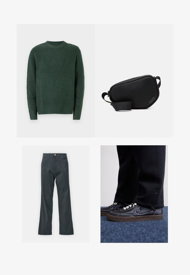 Pull en maille vert foncé avec un col rond. Il présente des poignets et un ourlet côtelés, un motif texturé sur l'ensemble et des manches longues.; Pantalons noirs avec une coupe droite, en tissu mélangé coton. Présentent une fermeture à bouton en métal et des poches latérales. Pas de motifs visibles.; Nike Sportswear KILLSHOT 2 LTR PRM OPP2 - Baskets basses - black sail baroque brown mtlc dk grey; Sac en bandoulière noir, zippé, en matériau lisse, avec une forme plate, une seule sangle et un petit logo en accent. Design minimaliste.