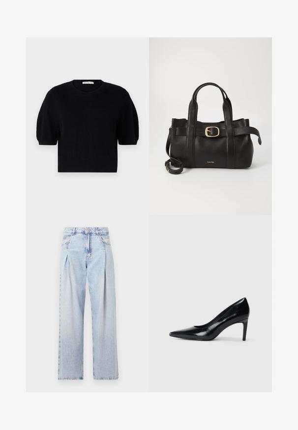 pure cashmere PUFF SHORTSLEEVE - Jumper - black; Light blue denim jeans with a high waist, wide-leg cut, two side pockets, and pleated design feature. Soft texture with a faded finish.; Black leather high heel shoe with a pointed toe, smooth texture, and a tapered heel. Minimalist design, no additional embellishments.; Black leather handbag featuring a structured design, dual top handles, gold-tone buckle accent, and embossed brand logo at the front.