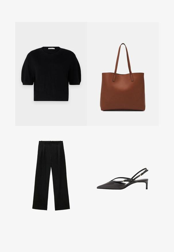 pure cashmere PUFF SHORTSLEEVE - Maglione - black; Pantaloni neri a gamba larga con pieghe, caratterizzati da una texture liscia e un design a vita alta. Stile minimalista, senza hardware o decorazioni visibili.; Pump slingback nera in pelle con punta affusolata, sottili cinturini alla caviglia e tacco a stiletto basso. Texture liscia con design minimalista.; Borsa tote in pelle marrone con texture liscia, design con apertura superiore e due spallacci. Presenta cuciture minime e nessun hardware visibile.