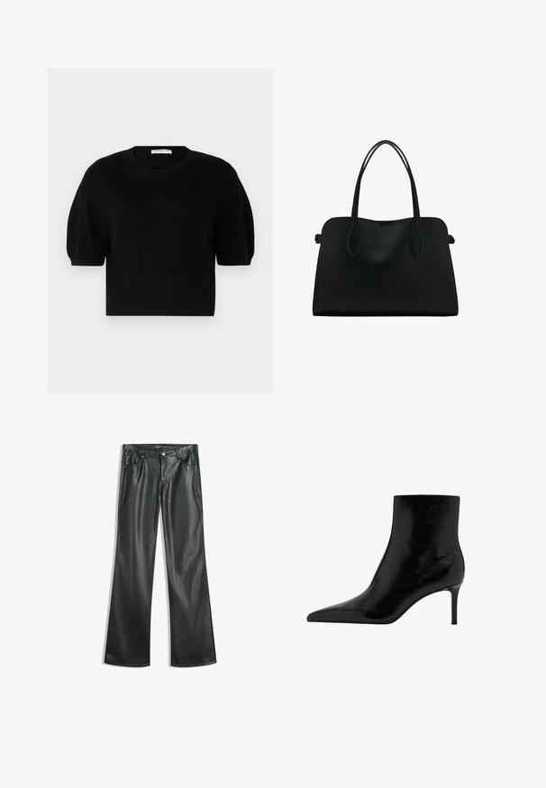 pure cashmere PUFF SHORTSLEEVE - Trui - black; Zwarte nep leren flared broek met een gladde textuur, vijf zakken, ritssluiting aan de voorkant en contrasterende stiksels.; Zwarte enkelboot met een puntige neus, gemaakt van glanzend leer. Beschikt over een stilettohak en een gladde textuur. Geen zichtbare versieringen.; Zwarte leren handtas met dubbele schouderriemen, rechthoekige vorm en minimalistisch ontwerp op een witte achtergrond.