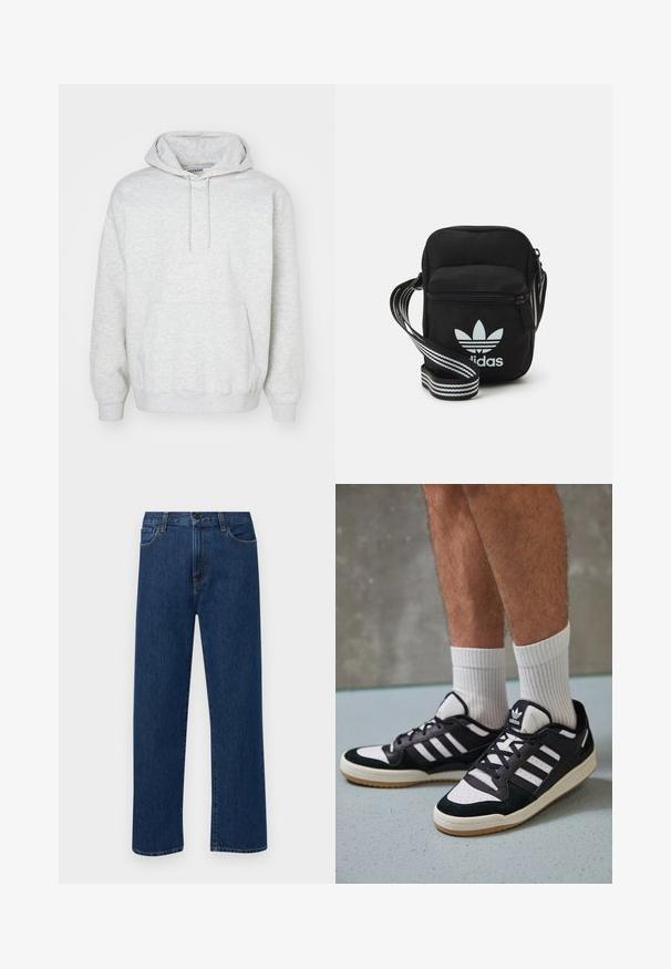 Helehall hall siledast kangast, millel on ees suure tasku, reguleeritav paelaga kapuuts ja soonikkoes varrukad ning alumine äär.; Tumedat sinised sirged teksapüksid esikottide ja nupuklõpsuga, esitatud helesinisel taustal.; Mustvalged ja valged spordijalatsid, mille pealmine osa on valmistatud suede'ist ja nahast. Kingadel on kolm valget riba, auguline varvas ja kummist tald.; Mustmust värvi risti koti, millel on tõmblukuga sulgemine, valge Adidas'i logo ja triibuline reguleeritav rihm mugavaks kandmiseks.