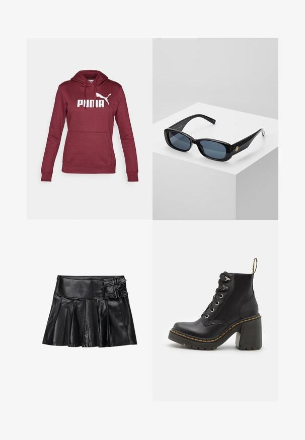Sweatshirt à capuche bordeaux avec un grand logo "PUMA" blanc et une silhouette de chat blanc ; possède une poche avant et des poignets côtelés.; Jupe en cuir noir avec des plis, taille large et deux accents à boucle sur le côté. Texture lisse avec une finition brillante.; Bottine en cuir noir avec un talon haut chunky, un laçage à l'avant, des œillets en métal et une couture jaune le long de la semelle. Semelle en caoutchouc texturé.; Lunettes de soleil noires rectangulaires avec verres teintés bleu, monture épaisse et un accent circulaire doré sur le côté. Finition lisse et brillante.; Sac à main bourgogne en matériau synthétique avec un design structuré, doté d'une bandoulière amovible et d'un foulard à motif floral noué au poignet.