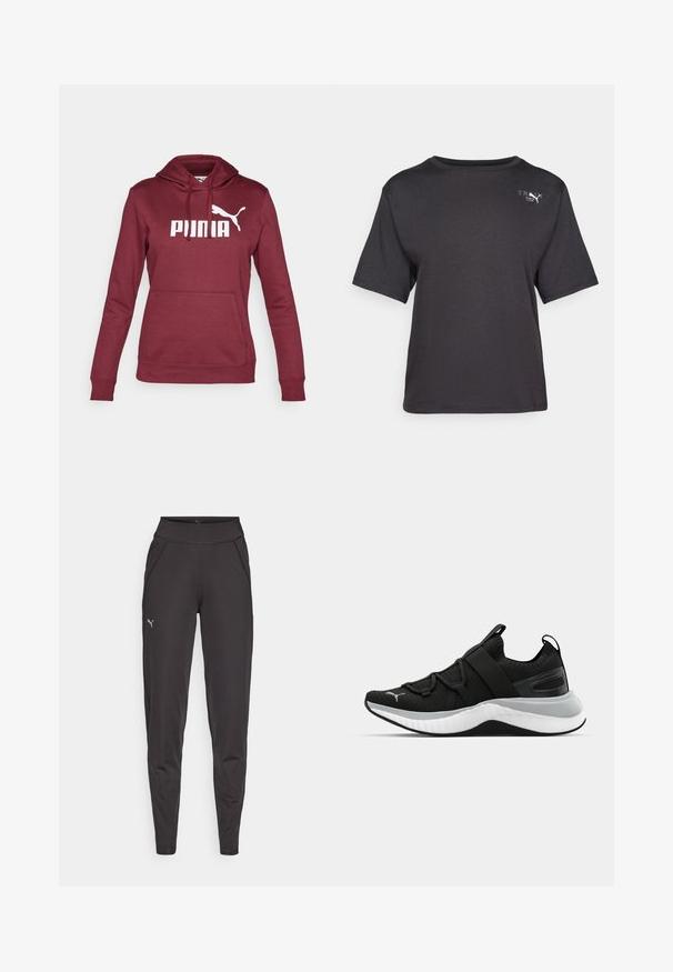 Sudadera con capucha burdeos con un gran logotipo blanco de "PUMA" y una silueta de gato blanca; cuenta con un bolsillo frontal tipo canguro y puños acanalados.; Camiseta negra de manga corta hecha de tela suave, con un cuello redondeado y un pequeño logo en la parte superior izquierda.; Leggings deportivos negros hechos de tela elástica, con una cinturilla alta, bolsillos laterales y un pequeño logo reflectante en el muslo izquierdo.; Zapato deportivo negro con parte superior texturizada, correas elásticas y una suela intermedia blanca gruesa. Presenta un acento gris a lo largo de la suela.