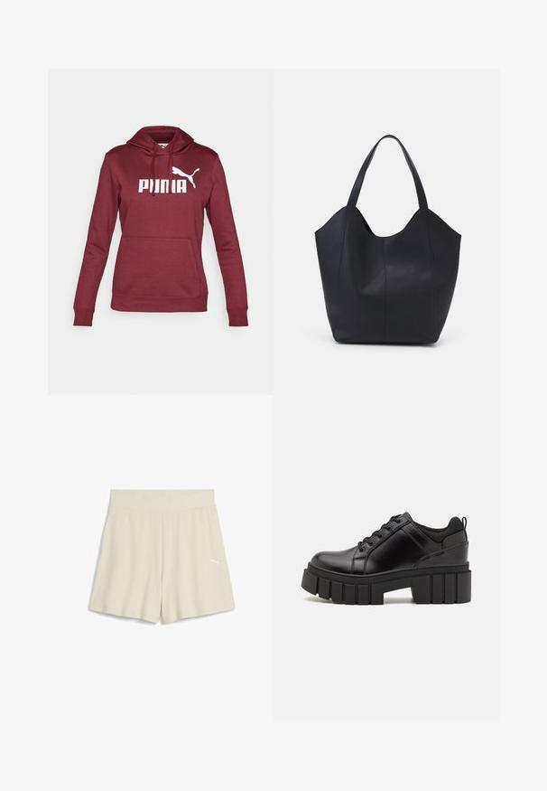 Sweatshirt à capuche bordeaux avec un grand logo "PUMA" blanc et une silhouette de chat blanc ; possède une poche avant et des poignets côtelés.; Shorts de sport beiges à côtes avec une large taille élastique et un petit logo blanc sur le côté gauche à l'avant, dotés d'un design ample.; Chaussures à plateforme en cuir noir avec un talon bloc épais, bout rond et un design traditionnel à lacets. Elles présentent une texture lisse et un détail minimal.; Sac fourre-tout noir en cuir lisse, doté d'un haut ouvert et courbé avec deux brides d'épaule et un design minimaliste.