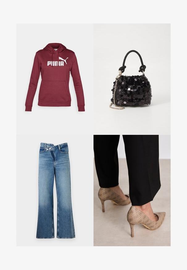 Burgundin värinen huppari, jossa on suuri valkoinen "PUMA"-logo ja valkoinen kissan siluetti; sisältää etutaskun ja ribbikudotut hihat.; Vaaleansiniset farkut, joissa on leveät lahkeet ja korkea vyötärö. Farkuissa on kaksi nappia ja etutaskut. Kankaan pinta on kulunut ja siinä on hienovaraisia sävy-eroja.; Beige korkokenkiä, joissa on teksturoitu kangas, jossa on toistuva kuvio. Teräväkärkinen muotoilu, takana korostus ja kultaiset korkodetaalit.; Mustan paljetti-minilaukku, jossa on solmittu teksturoidu hihna ja hopeaketju. Pyöreä muoto, joissa on rypistetty yläosa ja heijastava yksityiskohta.