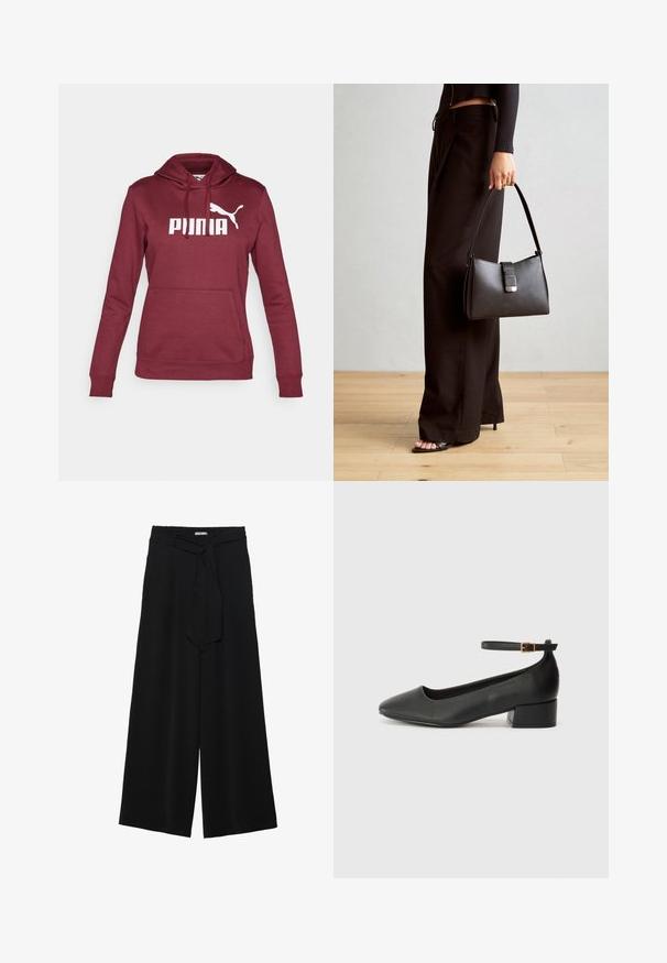Burgundi színű kapucnis pulóver nagy fehér "PUMA" logóval és fehér macska sziluettel; elöl zsebes és bordás mandzsettával rendelkezik.; Fekete, bő szárú nadrág, texturált anyagból, rugalmas derékpánttal és levehető sállal a derekán, amely állítható illeszkedést biztosít.; Fekete bőr magassarkú cipő hegyes orral és alacsony tömb sarkal. Bokapánttal rendelkezik, aranyszínű csattal. Simább textúra.; Fekete kézi táska strukturált formával, sima textúrával és fémből készült záródással. Széles fekete nadrággal és nyitott orrú szandállal párosítva, fából készült padlón.