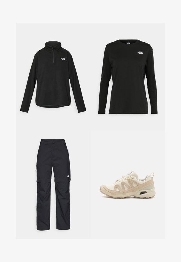 Svart fleecegenser med høy krage, halv glidelås og logo på venstre bryst. Myk tekstur, lange ermer og avrundet nederkant.; Svart langermet T-skjorte laget av bomull med rund hals. Har en liten hvit logo på venstre brystområde. Enkelt design og passform.; Svarte nylon cargo-bukser med glidelås og justerbare mansjetter, flere lommer og en logo på høyre bein. Glatt, lett tekstur.; Beige og krem joggesko med teksturert mesh-overdel, støttende overlegg og gummisåle med et mønster for godt grep.