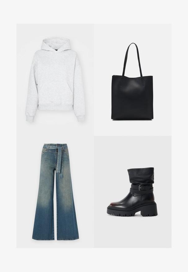 Gina Tricot OVERSIZED PRINT HOODIE - Bluză de molton - grey melange; Pantaloni din denim largi, cu un gradient de la albastru deschis la albastru închis, talie înaltă, bucle pentru curea și o curea din același material. Finisaj texturat din denim.; Botină din piele neagră, cu un tiv căzut, detaliu cu cataramă și talpă groasă, robustă. Are vârf rotund și textură netedă.; Geantă tote neagră din piele, cu textură netedă, formă rectangulară și două mânere lungi. Fără hardware vizibil sau ornamente.