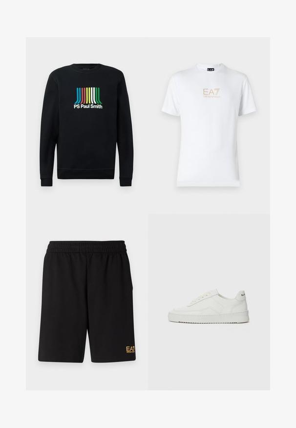 Čierna mikina s dlhými rukávmi, okrúhlym výstrihom, s logom "PS Paul Smith" v živých pruhoch modrej, červenej, žltej, zelenej a bielej farby.; Biela bavlnená tričko s okrúhlym výstrihom a krátkymi rukávmi, na prednej strane s potlačou zlatého loga EA7 Emporio Armani.; Čierne športové šortky vyrobené z jemného materiálu, s elastickým pásom a malým žltým logom EA7 na dolnej ľavej nohe.; Biele kožené tenisky s hladkým povrchom, okrúly špičkový dizajn, ploché šnúrky a textúrovaná podrážka. Obsahujú jemné logo na päte.