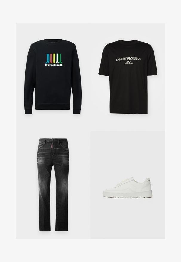 Zwarte sweatshirt met lange mouwen en ronde hals, voorzien van het "PS Paul Smith" logo in levendige strepen van blauw, rood, geel, groen en wit.; Zwarte katoenen T-shirt met een ronde halslijn, korte mouwen en het "EMPORIO ARMANI" logo in het wit boven "Milano" in een gebogen ontwerp.; Zwarte denim jeans met een rechte pasvorm. Beschikt over vervaagde gebieden, lichte slijtage, klassiek vijf-pocket ontwerp en een knoopsluiting.; Witte leren sneaker met een gladde afwerking, ronde neus, platte veters en een gestructureerde zool. Kenmerkt zich door een subtiel logo op de hiel.