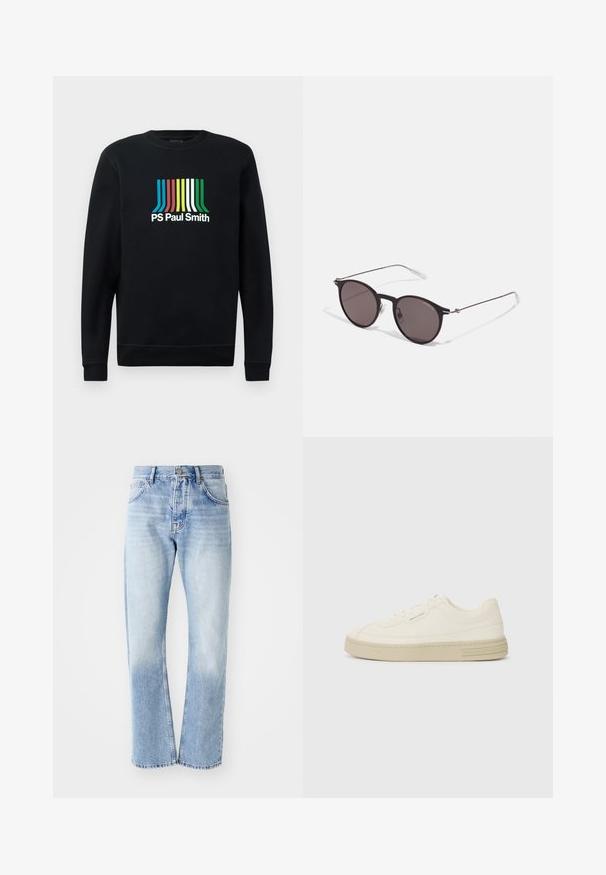 Czarny sweatshirt z długim rękawem i okrągłym dekoltem, z logo "PS Paul Smith" w żywych pasach niebieskiego, czerwonego, żółtego, zielonego i białego.; Jasnoniebieskie dżinsy o prostym kroju nogawki. Charakteryzują się pięcioma kieszeniami, zapinaniem na guzik i wyblakłym wykończeniem w dolnej części.; Białe płócienne trampki z teksturowaną gumową podeszwą, z haftowanym noskiem i akcentem logo na pięcie. Prosty design na sznurówki.; Czarne okrągłe okulary przeciwsłoneczne z ciemnymi soczewkami i smukłymi metalowymi ramkami. Zawierają przezroczyste końcówki zauszników oraz srebrne akcenty przy zawiasie. Minimalistyczny design.