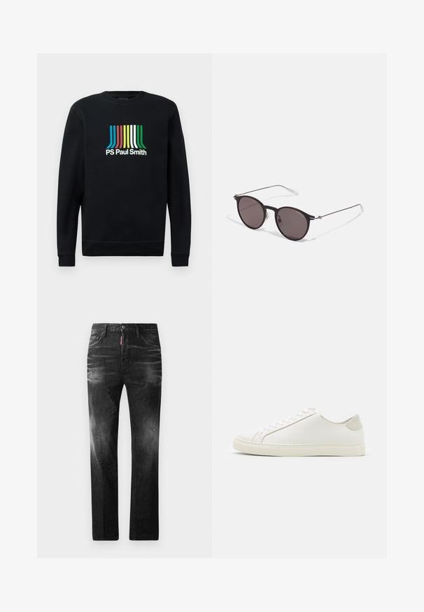 Zwarte sweatshirt met lange mouwen en ronde hals, voorzien van het "PS Paul Smith" logo in levendige strepen van blauw, rood, geel, groen en wit.; Zwarte denim jeans met een rechte pasvorm. Beschikt over vervaagde gebieden, lichte slijtage, klassiek vijf-pocket ontwerp en een knoopsluiting.; Witte leren sneaker met een gladde oppervlakte, ronde neus en minimalistisch ontwerp. Heeft beige accenten op de hiel en een rubberen zool.; Zwarte ronde zonnebril met donkere lenzen en slanke metalen armen. Inclusief heldere tempelpunten en zilveren accenten bij de scharnier. Minimalistisch ontwerp.
