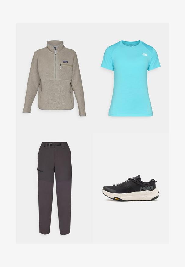 Svetlo taupe flísová bunda s vysokým golierom, predným zipsom na polovicu a zipsom na hrudi. Obsahuje štruktúrovanú látku a kontrastné šedé lemy.; Svetloblúzové tričko s krátkym rukávom vyrobené z jemného materiálu, s okrúhlym výstrihom a malým bielym logom v hornej ľavej časti.; Tmavošedé cargo nohavice vyrobené z ľahkého materiálu, s odolným pásom, predným zipsom a bočnou kapsou so suchým zipsom.; Čierne športové topánky s priedušným sieťovým zvrškom, gumovou podrážkou, bielou tlmiacou medzipodrážkou a reflexnými šnúrkami. Logo Vibram na podrážke.