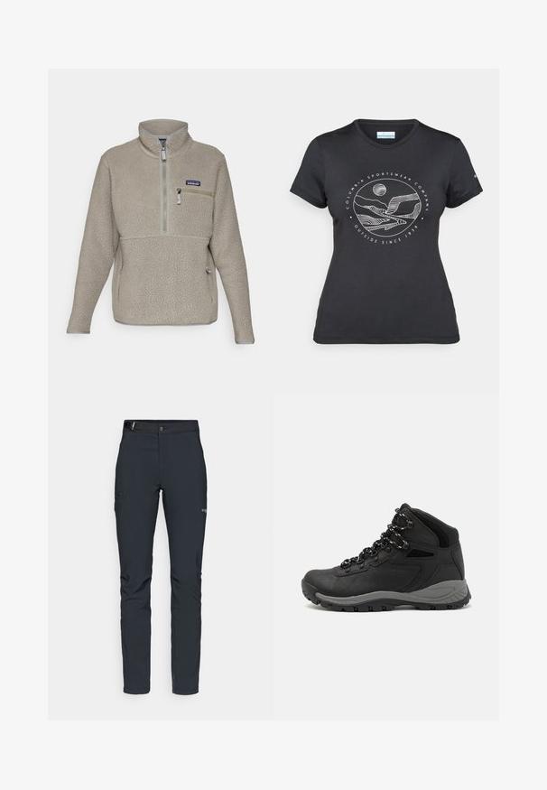 Light taupe fleece jacket with a high collar, half-zip front, and a zippered chest pocket. Features textured fabric and contrasting gray trim.; Black Columbia t-shirt with white circular mountain and river line art and text "Columbia Sportswear Company Outside Since 1938."; Men's outdoor pants, dark gray, made from flexible material, featuring a belt, zippered pockets, and reinforced stitching.; Black hiking boot with a mid-top design, featuring a textured upper, gray accents, and durable rubber sole with traction lugs.