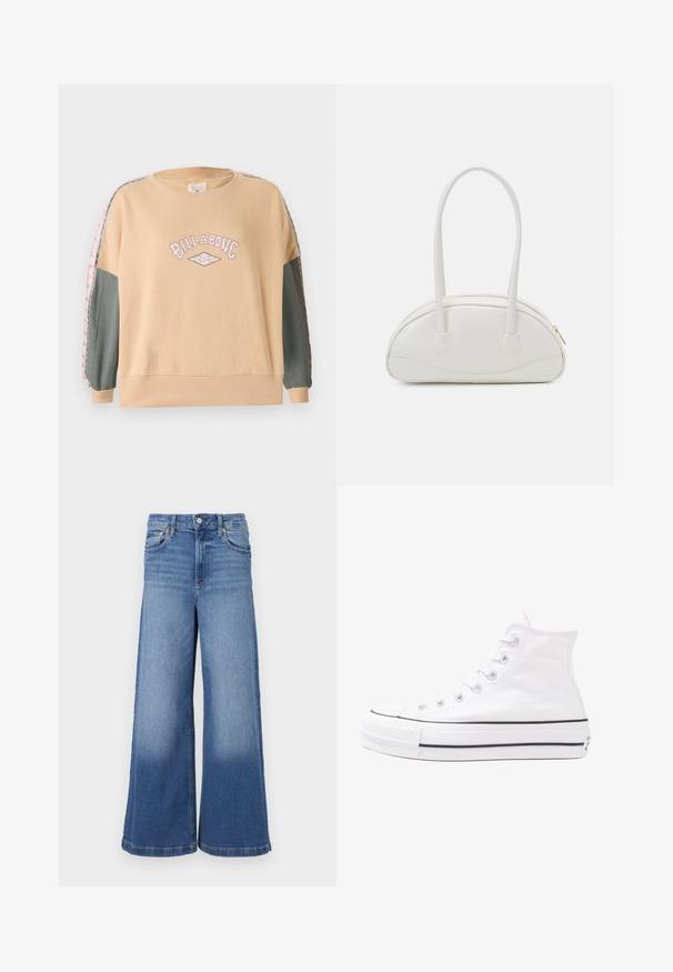 Beige übergroßer Sweatshirt mit pinkem "BILLABONG"-Grafik, grünen Ärmeln und gemusterten Akzenten entlang der Ärmelnähte. Aus weichem Baumwollmaterial.; Weite Jeans aus hellblauem Denim. Mit hoher Taille, fünf Taschen und subtilen Verwaschungen am Saum. Klassische Stickdetails.; Weiße hochwertige Leinensneaker mit schwarzer Gummisohle, vorderem Gummizehenschutz und sechs Ösen für Schnürsenkel, die ein sauberes, minimalistisches Design aufweisen.; Even&Odd Handtasche - off-white