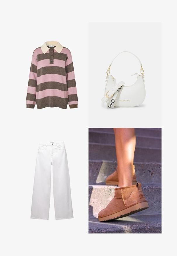 Gebreide trui in roze en bruine strepen met een crèmekleurige kraag, voorzien van drie knopen bij de hals en geribbelde mouwen en zoom.; Witte wijde denim jeans. Voorzien van een knoopsluiting, voor- en achterzakken, en gestikte naden. Soepele textuur met minimale details.; Tamme suède enkelboots met een zachte textuur, gestikte details en een rubberen zool, met een lusvormige hak voor gemakkelijk aan- en uittrekken.; Witte handtas met een gebogen silhouet, textuurleer, gouden hardware en een afneembare schouderriem met een logo en gespdetail.