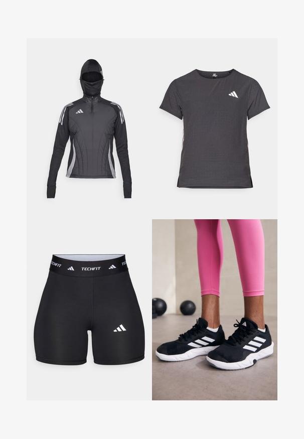 Veste de sport noire avec fermeture éclair à l'avant et capuche attachée. Caractéristiques d'accents gris et d'un design ajusté avec des panneaux texturés.; T-shirt de sport à manches courtes, gris foncé avec une texture perforée. Présente un logo blanc et des rayures latérales contrastantes. Encolure arrondie.; Shorts noirs en tissu extensible avec un design ajusté. Dotés d'une large ceinture noire portant l'étiquette "TECHFIT" et d'un logo blanc sur la jambe.; Baskets de sport noires avec des rayures blanches, tige en mesh texturé et semelle blanche. Portées avec des leggings roses, mettant en valeur des vêtements d'entraînement.