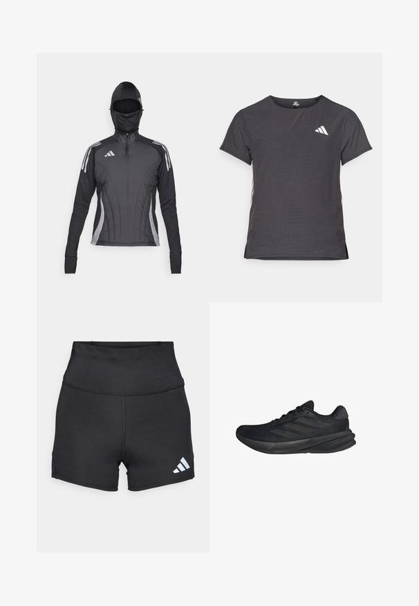 Černá sportovní bunda se zipem vpředu a vestavěnou kapucí. Má šedé akcenty a přiléhavý střih s texturovanými panely.; Kraťasový sportovní tričko, tmavě šedé barvy s perforovanou texturou. Obsahuje bílé logo a kontrastní boční pruhy. Kulatý výstřih.; adidas Performance Punčochy - black; Černé sportovní boty s síťovaným svrškem, aerodynamickým tvarem, plochou podrážkou a třemi šikmými pruhy na boku. Lehký design pro pohodlí.