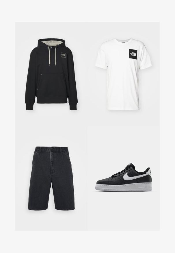 The North Face COORDINATES - Felpa con cappuccio - tnf black; T-shirt bianca in cotone con taschino quadrato nero e logo "The North Face" in bianco. Maniche corte e design a girocollo.; Shorts in denim nero con taglio dritto, dotati di chiusura con bottone e due tasche laterali. Orlo non completo con sottili dettagli di scolorimento.; Sneaker in pelle nera con superficie texture, baffo Nike bianco, suola grigia, punta rotonda e design con lacci. Presenta delle perforazioni sulla punta.