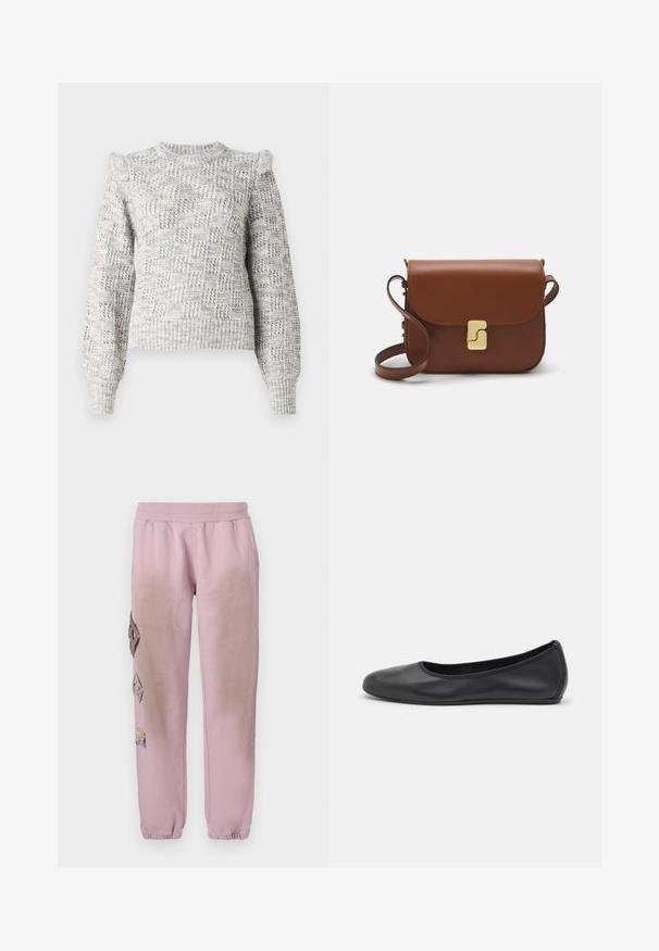 Hele halli kudumüts, millel on tekstuuriga ruuduline muster, balloonvarrukad ja ümar kaelus. Omab soonikkoes mansette ja äärt.; Roosa spordipüksid elastse paelaga vööl, millel on vasakul küljel dekoratiivsed rombikujulised plaastrid ja elastsed mansetid pahkluude juures.; Musthave mustika tantsutossud mustast nahast, ümmarguse varbaga, siledast tekstuurist, minimaalse õmblusdetailiga ja paindliku tallakujundusega.; Pruunist nahast käekott, millel on klapiga sulgur, kuldne riistvara, õlarihm ja sile tekstuur. Kompaktne ristkülikukujuline vorm.