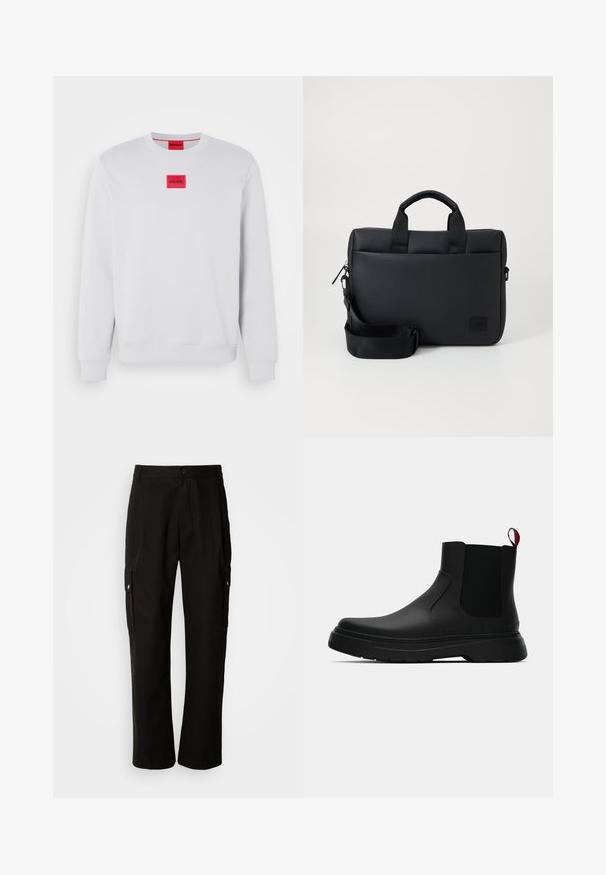Sudadera blanca de mezcla de algodón con puños y dobladillo de canalé. Presenta un parche rectangular de logo rojo en el centro frontal.; Pantalones cargo negros de algodón con un corte relajado, que cuentan con bolsillos laterales, cierre de botón y perneras rectas. Diseño simple sin patrones.; Botín negro con un acabado liso, paneles laterales elásticos y una lengüeta de tirón roja contrastante, que presenta una suela de goma gruesa y punta redondeada.; Bolsa para portátil negra texturizada con doble asa superior, correa desmontable, cierre de cremallera y un pequeño parche con el logo para la marca.