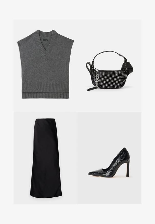 Hallide ilma varrukatega sviiter V-kaelusega, soonikkoes kaelus ja äär. Pehme kudumine, millel on peen logo detail altpoolt.; Norma Kamali BIAS OBIE SKIRT - Maksiseelik - black; Mustan teravaotsaga kõrge kontsaga king, millel on krokodillimustriga tekstuur, stiilne disain, kõrge stilettokonts ja sile must sisesisustus.; Must must have must päris omadused kobaraga nahast käekott, millel on nurgeliselt kaunistused, ketiraam ja sile nahast käepide, ümmargune kuju ja tõmblukuga tasku.
