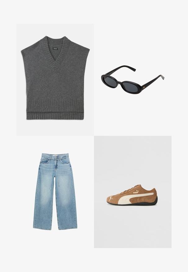 Gray sleeveless sweater with a V-neck, ribbed neckline and hem. Soft knit texture, featuring a subtle logo detail near the bottom.; Plain white short-sleeve crew neck t-shirt with a slim fit, displayed flat against a white background.; Light blue wide-leg jeans with a high waist, two front pockets, a zipper fly, and a fabric tie closure at the waist. Classic denim texture.; Brown suede low-top sneaker with cream accents, textured surface, black rubber sole, and embroidered logo on the side and tongue.; Black oversized sunglasses with oval lenses, smooth plastic frame, and gold accents on temple. Dark lenses provide sun protection.; Woven, cream-colored bag set featuring a larger handbag with a rounded handle and a smaller pouch with a strap, both with uniform texture.