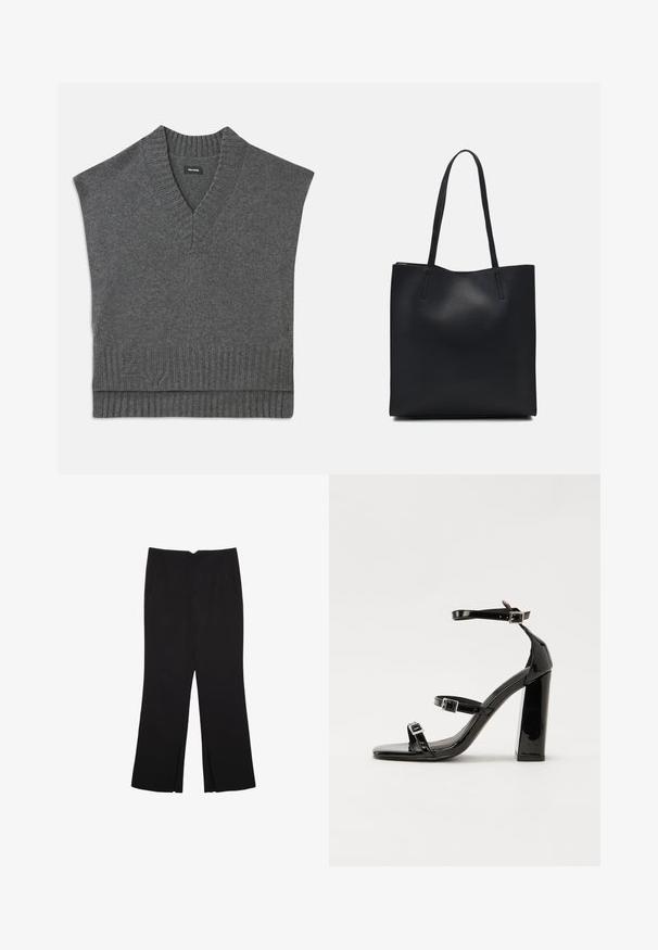 Grijs mouwloos vest met een V-hals, geribbelde halslijn en zoom. Zachte brei textuur, met een subtiel logo detail nabij de onderkant.; Zwarte broek met een rechte pasvorm, voorzien van zijzakken en plooien aan de onderzijde. Gemaakt van zachte, gladde stof. Geschikt voor verschillende gelegenheden.; Zwarte gepatenteerde sandalen met hak en een vierkante neus, enkelbandjes en zilveren gespen. Heeft een stevige blokhak voor stabiliteit.; Zwarte leren handtas met een gladde textuur, rechthoekige vorm en twee lange handvaten. Geen zichtbare hardware of versieringen.