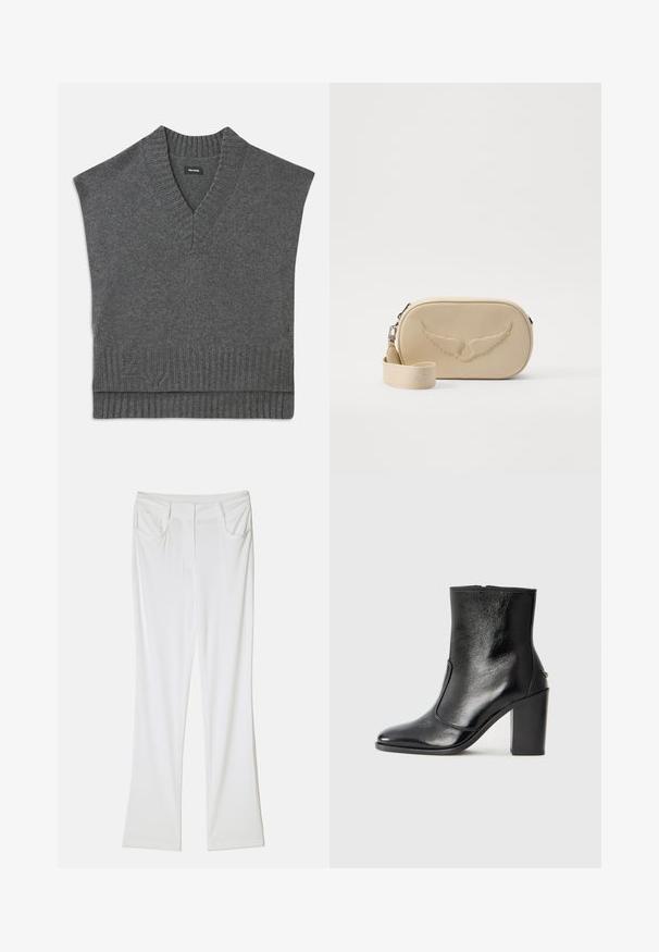 Gray sleeveless sweater with a V-neck, ribbed neckline and hem. Soft knit texture, featuring a subtle logo detail near the bottom.; White flared trousers with a smooth fabric texture, featuring two front pockets and a stitched waistband for a fitted look.; Black leather ankle boot with a smooth texture, pointed toe, and a chunky high heel. Features a side opening and minimalistic design.; Beige textured leather crossbody bag with an embossed wing design. Features a zip closure and a detachable strap with debossed lettering.
