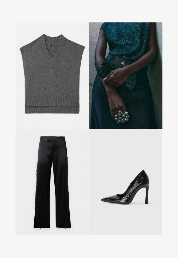 Grauer ärmelloser Pullover mit V-Ausschnitt, geripptem Kragen und Saum. Weiche Stricktextur mit einem dezenten Logo-Detail nahe dem Saum.; Schwarze Satin-Hosen mit weitem Bein, die Fransenverzierungen entlang der Seitennähte und einen flachen, elastischen Bund haben. Rückseite schlicht ohne Taschen.; Schwarzer, spitz zulaufender High Heel mit Krokodilleder-Struktur, elegantem Design, hohem Stiletto-Absatz und glattem schwarzen Innenraum.; Schwarze Clutch-Tasche im Kroko-Design mit silbernen Beschlägen, vor einem strukturierten grauen Hintergrund gehalten. Verfügt über eine glänzende Oberfläche.