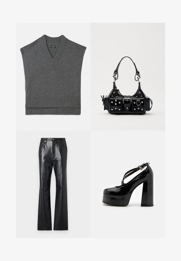 Maglione senza maniche grigio con scollatura a V, collo e orlo a costine. Texture a maglia morbida, con un sottile dettaglio del logo vicino al fondo.; Pantaloni in pelle nera con una texture liscia, design a gamba svasata, zip frontale e passanti per cintura. Presentano accenti di cuciture sottili.; The Kooples CHAUSSURES - Decolleté - black; Borsa a mano in pelle nera con design curvo, caratterizzata da borchie argentate, una fibbia e due tasche laterali. Tracolla regolabile per diverse opzioni di trasporto.