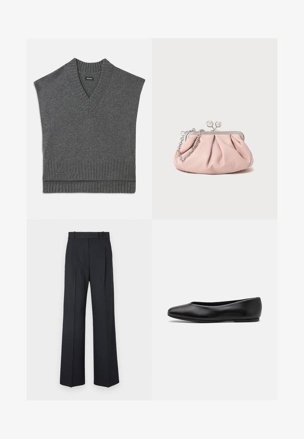 Maglione senza maniche grigio con scollatura a V, collo e orlo a costine. Texture a maglia morbida, con un sottile dettaglio del logo vicino al fondo.; Pantaloni a righe blu scuro con vita alta, design a gamba larga e senza hardware o decorazioni visibili. Tessuto liscio e vestibilità sartoriale.; Paul Smith TOPANGA - Ballerine - black; Borsa a mano in pelle rosa con design arricciato, telaio in metallo, due chiusure rotonde e tracolla in catena argentata. Texture liscia, forma compatta.