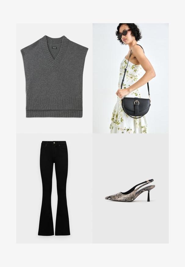 Jersey gris sin mangas con cuello en V, ribeteado en el cuello y el dobladillo. Textura de punto suave, con un sutil detalle de logo cerca de la parte inferior.; Jeans negros de cintura alta con cierre de botón y cremallera, bolsillos frontales y piernas acampanadas, dispuestos sobre un fondo blanco.; Zapatos slingback de punta afilada fabricados con un material de estampado de serpiente texturizado, con un delgado tacón negro y un diseño recortado en los laterales.; Bolso de piel negra con forma curva, correa desmontable y herrajes dorados. El bolso cuenta con una solapa con un detalle de hebilla.