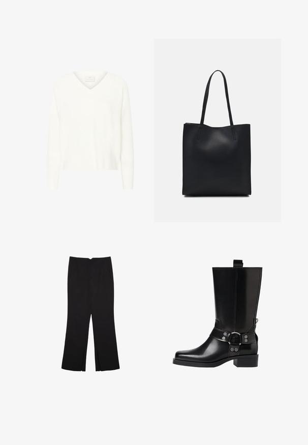 Pull blanc en V en tissu doux, avec des manches longues et une coupe décontractée. Texture côtelée discrète le long des poignets et de l'ourlet.; Pantalon noir avec une coupe droite, doté de poches avant et d'éclairs sur l'ourlet. Fabriqué en tissu doux et lisse. Convient à diverses occasions.; Botte noire en cuir, montante jusqu'au genou, avec un bout pointu, des accents en boucle en argent et un talon épais. Présente une languette pour un enfilage facile.; Sac fourre-tout en cuir noir avec une texture lisse, de forme rectangulaire et deux longues poignées. Pas de matériel ou d'ornementations visibles.