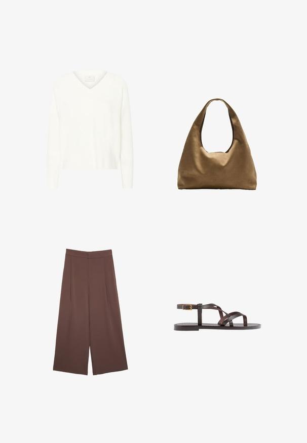 White V-neck sweater made of soft fabric, featuring long sleeves and a relaxed fit. Subtle ribbed texture along cuffs and hem.; Brown wide-leg trousers with a smooth texture, featuring a high waist and front pleats. The fabric is lightweight and flows loosely.; Brown leather sandal featuring crisscross straps, an ankle buckle closure, and a flat sole with minimal stitching details.; Brown fabric shoulder bag with a wide, rounded body and a large cutout handle. Soft texture, minimalistic design, and no visible hardware.