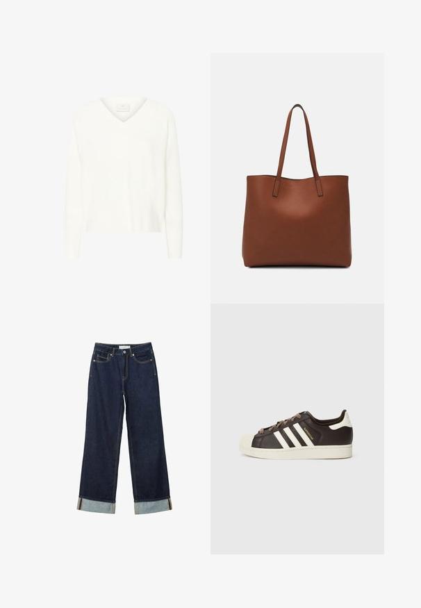 Biely sveter s V-výstrihom vyrobený z jemného materiálu, s dlhými rukávmi a voľným strihom. Jemné rebrované textúry pozdĺž manžiet a lemovania.; Tmavo modré široké nohavice s vysokým pásom, s manžetami, kontrastným šitím a dizajnom s piatimi vreckami. Vyrobené z denimu.; Nízke tenisky Adidas Superstar z tmavohnedej kože s béžovou špičkou, bielymi pruhmi a nápisom „Superstar“ na boku.; Hnedá kožená taška na rameno s hladkou textúrou, otvoreným vrchom a dvoma ramenými popruhmi. Má minimálne šitia a žiadne viditeľné kovania.