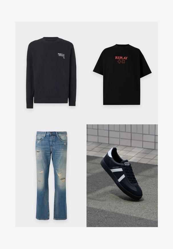 Tengerészett kék pamut pulóver, kerek nyakkivágással, hosszú ujjal, bordás mandzsettával, és fehér nyomtatott logo-val az elülső mellkasi részen.; Fekete pamut póló rövid ujjakkal, kerek nyakkal, középre helyezett piros "REPLAY" logóval és szimbólumokkal a mellkason.; Világoskék farmernadrág, laza szabással, kopott részletekkel és foszlott foltokkal, hagyományos ötpocket kialakítással és gombos záródással.; Fekete bőr sportcipő fehér csíkokkal, textúrált gumitalppal és fűzős elejével. A nyelvén márkás címke található.