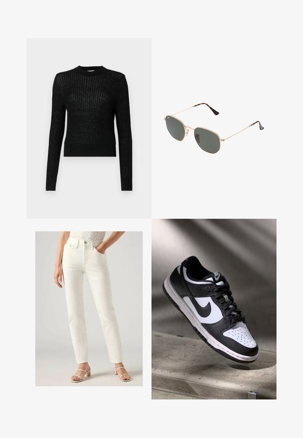 Zwarte langarmtrui met een geribbelde textuur, slim fit en een ronde hals. Gemaakt van lichtgewicht stof en heeft een cropped lengte.; Witte high-waisted jeans met een rechte pasvorm, voorzien van voorzakken, een knoopsluiting en een gladde denimtextuur. Gekleed met lichte sandalen.; Zwart-witte Nike Dunk Low sneaker met een leren bovenwerk, geperforeerde neus, en zwarte veters, met een witte zool en logo-accenten.; Gouden metalen zonnebril met donkergroene lenzen, aviator-stijl, met slanke scharnieren en schildpad-accenten op de uiteinden.; Zwarte gewatteerde leren handtas met een kettingband en een decoratieve charme. Zachte textuur, gestructureerde vorm en een slouchy silhouet.