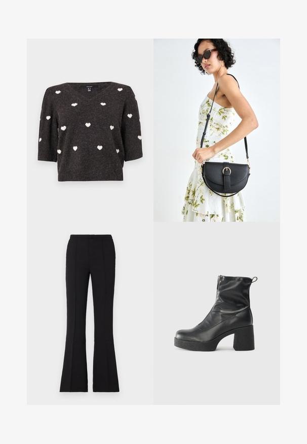 Dark gray knitted sweater with V-neck and short sleeves, featuring white heart patterns throughout and a soft, textured finish.; Black flared pants made of smooth fabric, featuring a fitted waist, front seam details, and a slight flare starting from the knee.; Black ankle boots made of smooth leather, featuring a side zipper, chunky textured heel, and rounded toe design.; Black leather handbag with a curved shape, detachable strap, and gold hardware. The bag features a flap with a buckle detail.
