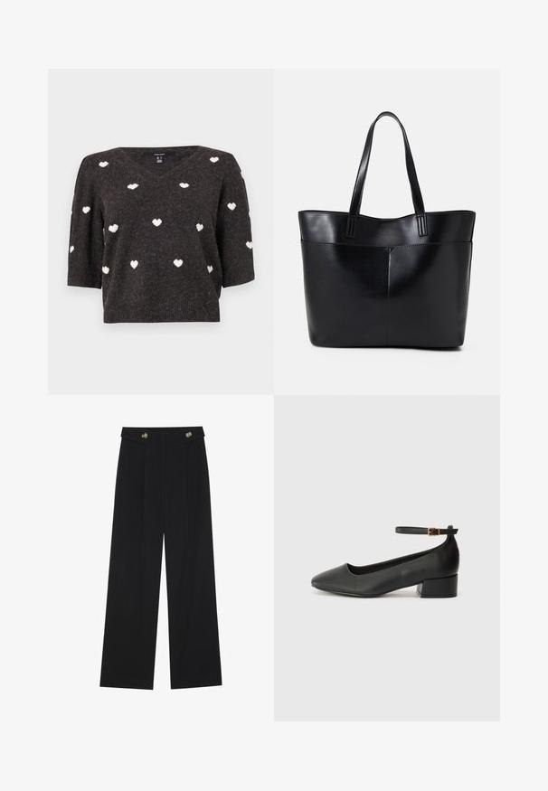 Tamsiai pilkas mezginys su V formos iškirpte ir trumpomis rankovėmis, puošiamas baltais širdelės raštais ir minkštu, tekstūruotu paviršiumi.; Juodi plačios kojos kelnės su aukštu liemeniu, sagų detalėmis ant liemens ir priekinėmis raukšlėmis.; Juodas odinis aukštakulnis batelis su smailiu pirštu ir žemu bloku. Su kulkšnies dirželiu su auksinės spalvos sagtimi. Lygus paviršius.; Juoda odinė rankinė su dviem ilgais diržais, lygiu paviršiumi ir struktūrizuota forma. Yra priekinė kišenė papildomam saugojimui.