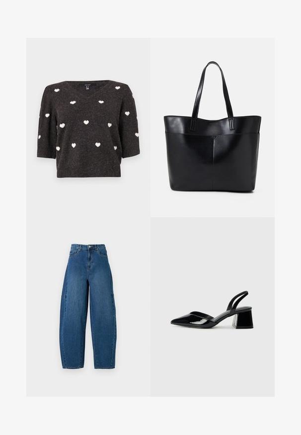 Tamsiai pilkas mezginys su V formos iškirpte ir trumpomis rankovėmis, puošiamas baltais širdelės raštais ir minkštu, tekstūruotu paviršiumi.; Deniminės džinsai vidutinio mėlynumo atspalviu, su aukštu liemeniu, plačiais kojų kirpimais ir standartiniu penkių kišenių dizainu, pasižyminčiu matomais siuvimo detalėmis.; Juodos lakuotos odinės šlepetės su smailiu pirštu ir geometriniu bloko kulnu. Turi elegantišką, minimalistinį dizainą ir lygų paviršių.; Juoda odinė rankinė su dviem ilgais diržais, lygiu paviršiumi ir struktūrizuota forma. Yra priekinė kišenė papildomam saugojimui.