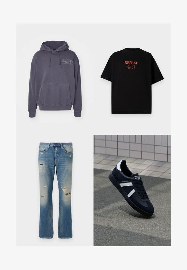 Hoodie cinza escuro feito de mistura de algodão, com um bolso frontal, capuz com cordão e um logotipo "Star Wars" bordado no peito.; T-shirt de algodão preta com mangas curtas, gola redonda, apresentando um logótipo vermelho "REPLAY" e símbolos alinhados centralmente no peito.; Jeans de ganga azul claro com um corte descontraído, apresentando detalhes desgastados e remendos desfiados, com um desenho padrão de cinco bolsos e fecho de botão.; Sapatilha de couro preto com riscas brancas, sola de borracha texturizada e frente com atacadores. Apresenta um rótulo da marca na língua.
